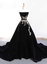 Black Velvet Strapless Crystal With Long Train Wedding Dress